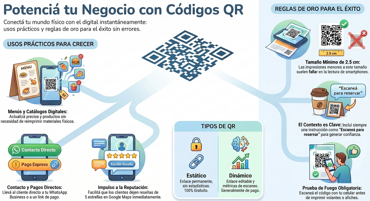 Infografía: usos prácticos de los códigos QR para negocios, tipos de QR y reglas de oro — Dativix